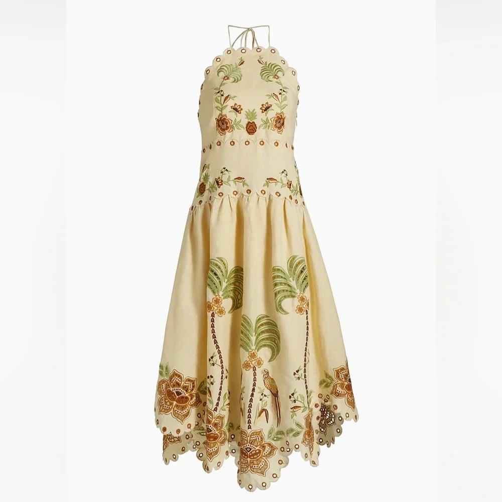 FARM RIO Delicate Forest Sand Richelieu Embroidered Midi Dress Size XS - Picture 2 of 9